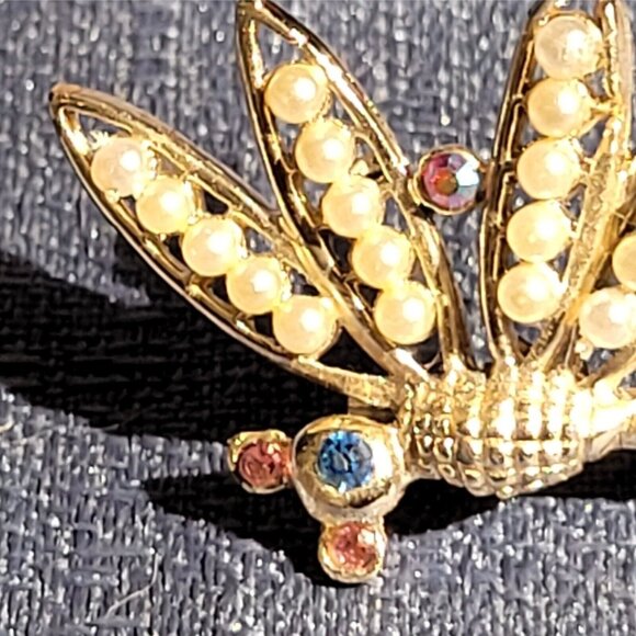 Gold-Tone Dragonfly Brooch With Faux Pearls & Multi-Color Rhinestones Elegant Je - Picture 3 of 8